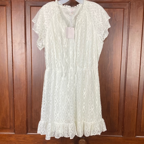 LC Lauren Conrad NWT Fit And Flare Double Ruffle Sleeve White Lace Dress | Sz L - Picture 2 of 7